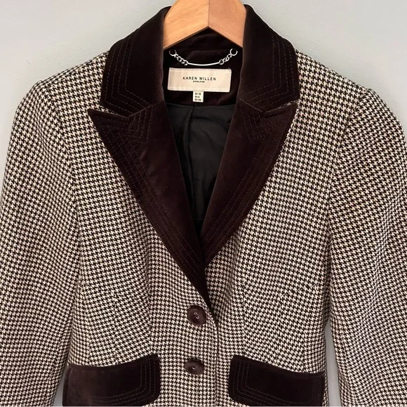 🌷 Karen Millen Vintage Brown and Off White Houndstooth Blazer Equestrian Size 6 - Picture 7 of 11